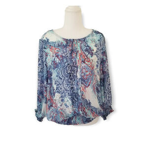 Roz & Ali Tunic Blouse Boho Chiffon Paisley Semi Sheer - Size L